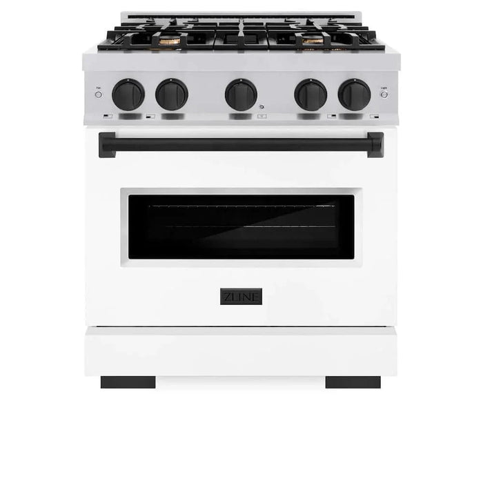 ZLINE 30" Classic Gas Range, Convection Gas Oven Stainless Steel, White Matte Door Matte Black CGRZ-WM-30-MB