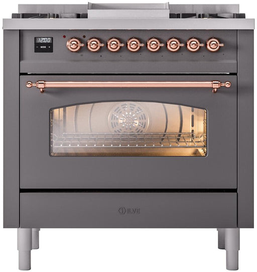 ILVE Nostalgie II 36" Dual Fuel Liquid Propane Range, Matte Graphite, Copper Trim UP36FNMPMGPLP ILVE