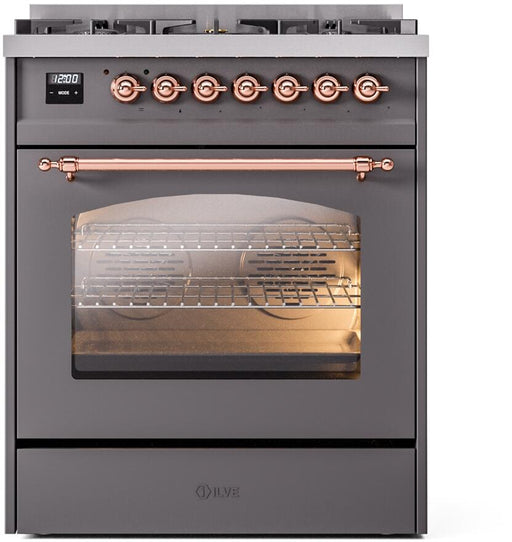 ILVE Nostalgie II 30" Dual Fuel Liquid Propane Range, Matte Graphite, Copper Trim UP30NMPMGPLP ILVE