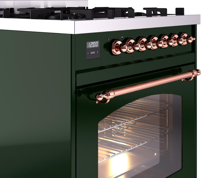 ILVE Nostalgie II 30" Dual Fuel Liquid Propane Range, Emerald Green, Copper Trim UP30NMPEGPLP ILVE