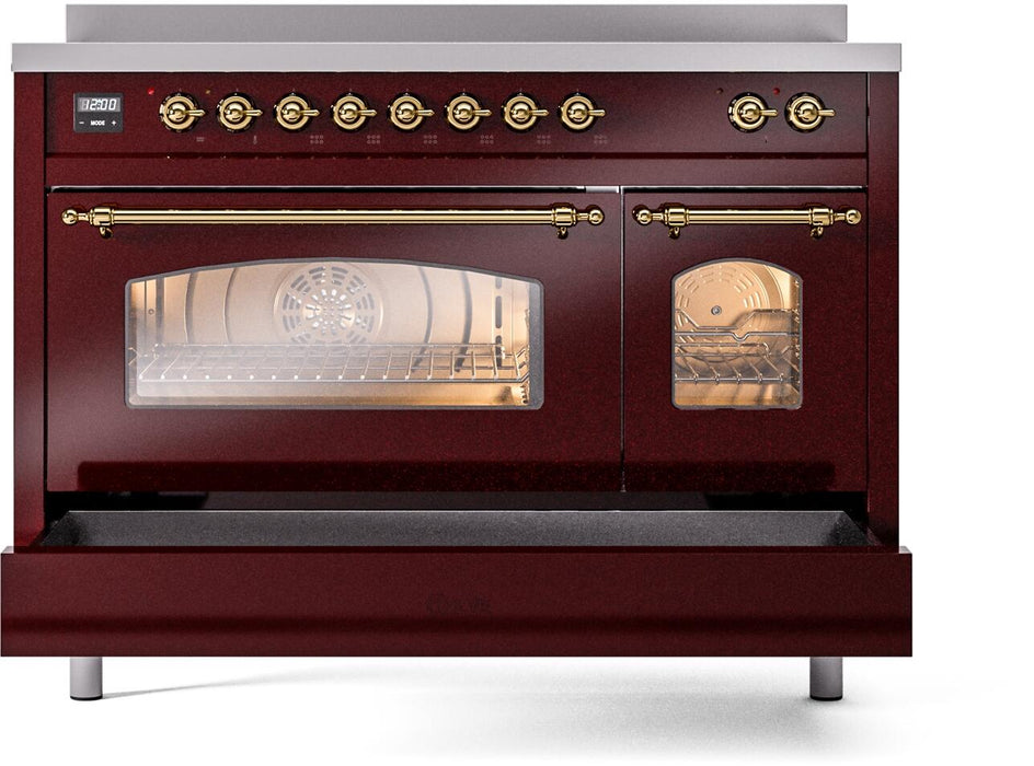 ILVE Nostalgie II 48" Electric Range, Burgundy, Brass Trim UPI486NMPBUG ILVE