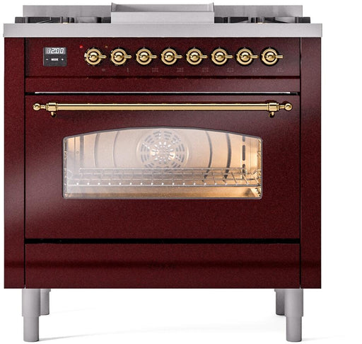 ILVE Nostalgie II 36" Dual Fuel Liquid Propane Range, Burgundy, Brass Trim UP36FNMPBUGLP ILVE