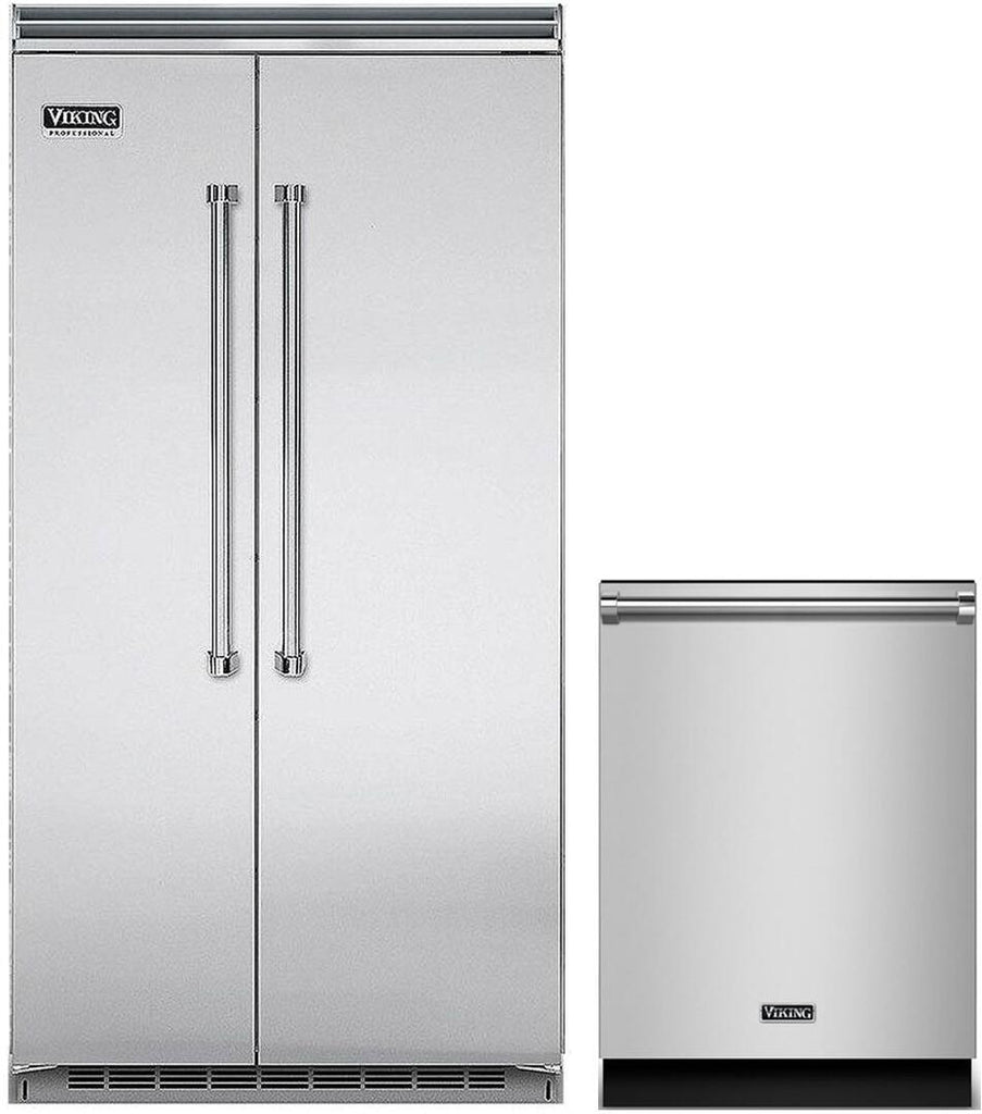 Viking 4 Piece Kitchen Appliance Package with 42 Inch Side by Side  Refrigerator, 30 Inch Gas Range, 30 Inch Wall Mount Hood, 24 Inch Built In  Dishwasher with 24 Inch Dishwasher Door Panel in Red