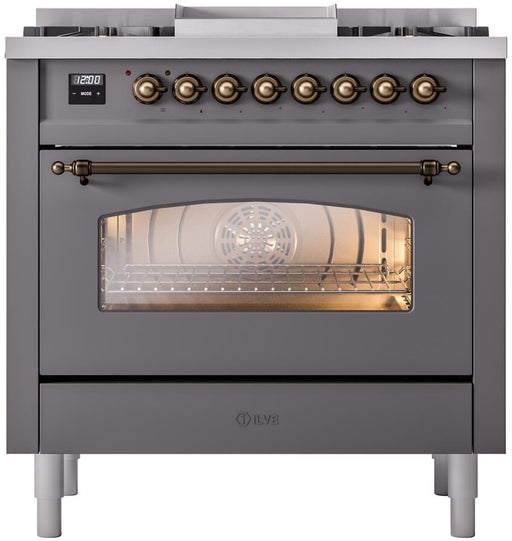 ILVE Nostalgie II 36" Dual Fuel Liquid Propane Range, Matte Graphite, Bronze Trim UP36FNMPMGBLP ILVE