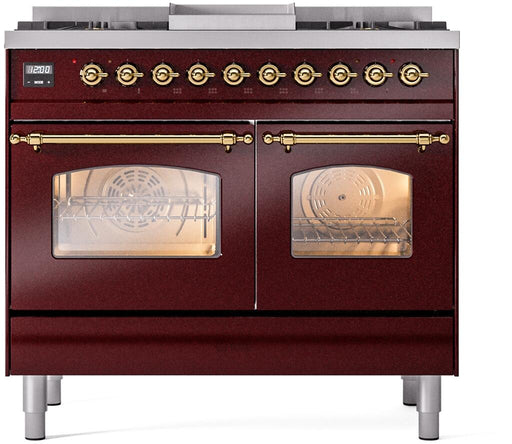 ILVE Nostalgie II 40" Dual Fuel Natural Gas Range, Burgundy, Brass Trim UPD40FNMPBUG ILVE