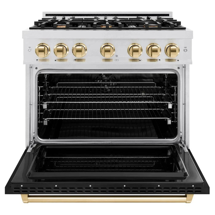 ZLINE 36" Dual Fuel Range, Gas Cooktop, Electric Convection Oven DuraSnow®Stainless Steel, Black Matte Door Polished Gold CDRSZ-BLM-36-G
