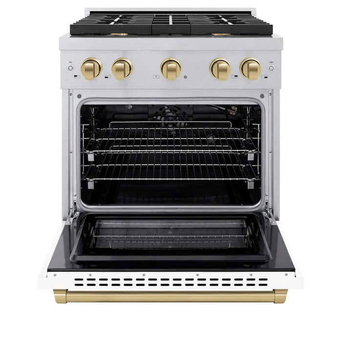 ZLINE 30"Gas Range, Convection Gas Oven, DuraSnow® White Matte, Champagne Bronze SGRSZ-WM-30-CB