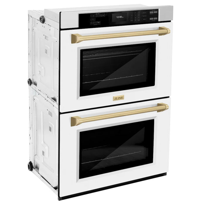 ZLINE 30"Professional True Convection Double Wall Oven, Air Fry, Self Clean, White Matte, Champagne Bronze WADZ-WM-30-CB