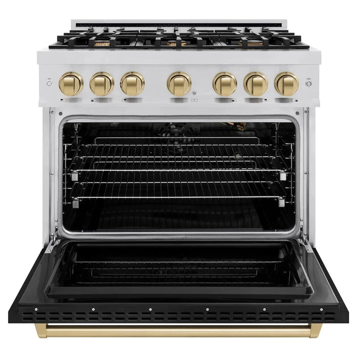 ZLINE 36" Classic Gas Range, Convection Gas Oven Stainless Steel, Black Matte Door Champagne Bronze CGRZ-BLM-36-CB