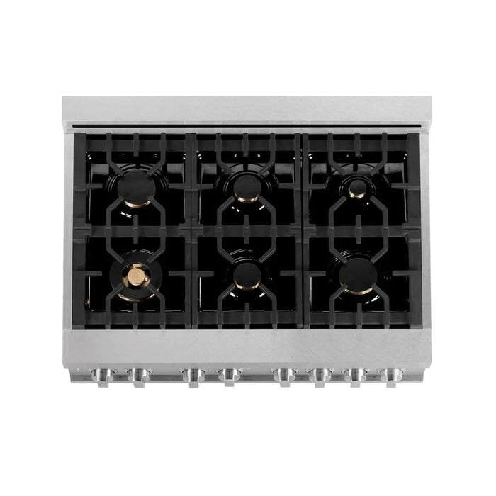 ZLINE 36" Dual Fuel Range, DuraSnow, Stainless, Brass Burners, Griddle RAS-SN-BR-GR-36