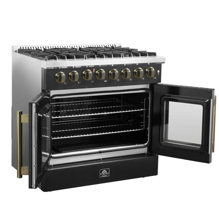 Forno Galiano 36"French DoorDual Fuel Range, Gas Stove, Electric Oven Black, Antique Brass Trim, FFSGS6356-36BLK