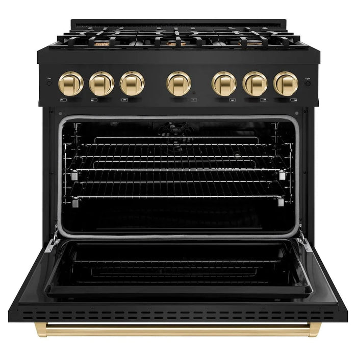 ZLINE 36" Classic Gas Range, Convection Gas Oven Black Stainless Steel, Gold CGRBZ-36-G