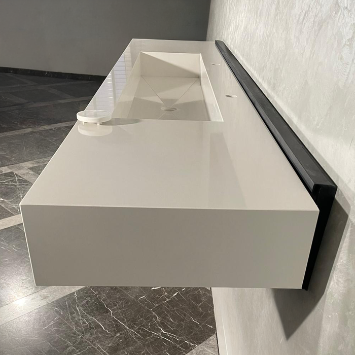 White Quartz Large Bathroom Trough Sink Wall Mount Contemporary Design