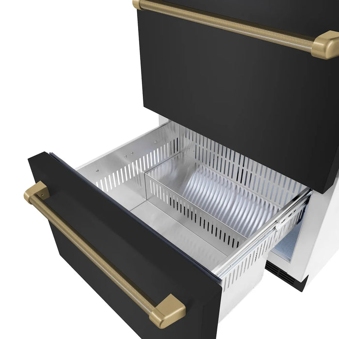 ZLINE Autograph Edition 24" Touchstone 168 Can Outdoor-Rated Dual Refrigerator Drawer, Black Stainless Steel Doors, Helix Handles RDSOZ-BS-24-KCB