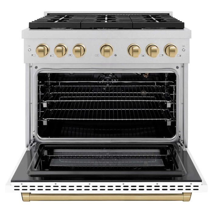 ZLINE 36"Gas Range, Convection Gas Oven, DuraSnow® White Matte, Champagne Bronze SGRSZ-WM-36-CB