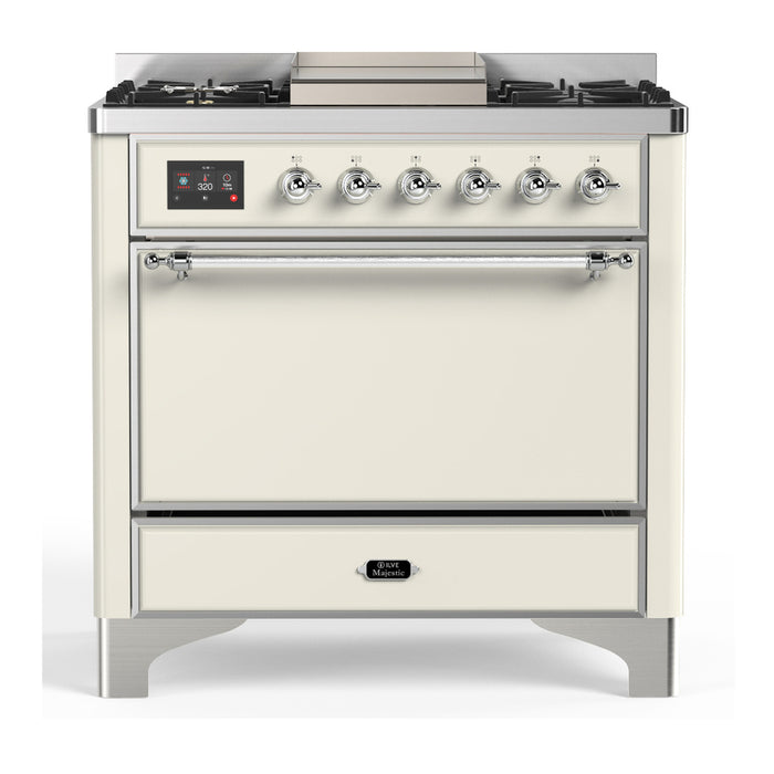ILVE Majestic III 36" Dual Fuel, Range, Antique White, Burnished Trim UM36FQNR3AWB