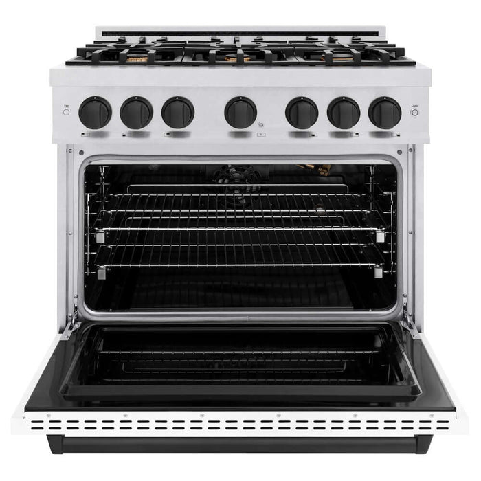 ZLINE 36"Classic Gas Range, Convection Gas Oven, DuraSnow® Stainless Steel, White Matte Door Matte Black CGRSZ-WM-36-MB