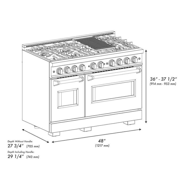 ZLINE 48" Classic Double Oven Dual Fuel Range, 8 Burner Gas Cooktop, Satin Stainless Steel, Black Matte Doors CDRS-BLM-48