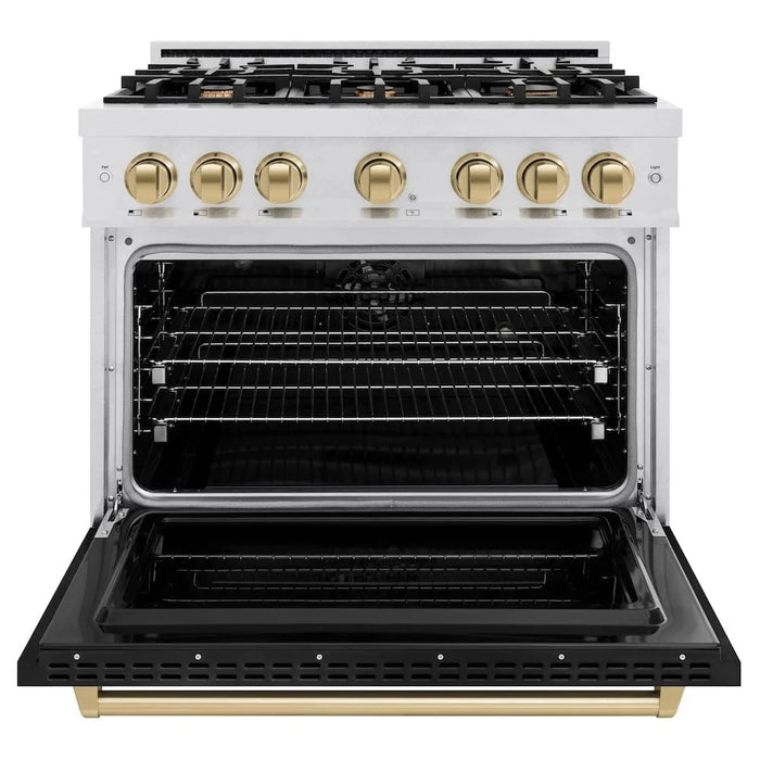ZLINE 36" Dual Fuel Range, Gas Cooktop, Electric Convection Oven DuraSnow®Stainless Steel, Black Matte Door Champagne Bronze CDRSZ-BLM-36-CB
