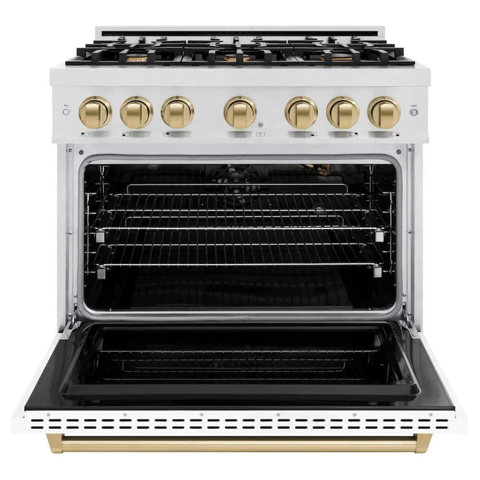 ZLINE 36"Classic Gas Range, Convection Gas Oven, DuraSnow® Stainless Steel, White Matte Door Champagne Bronze CGRSZ-WM-36-CB