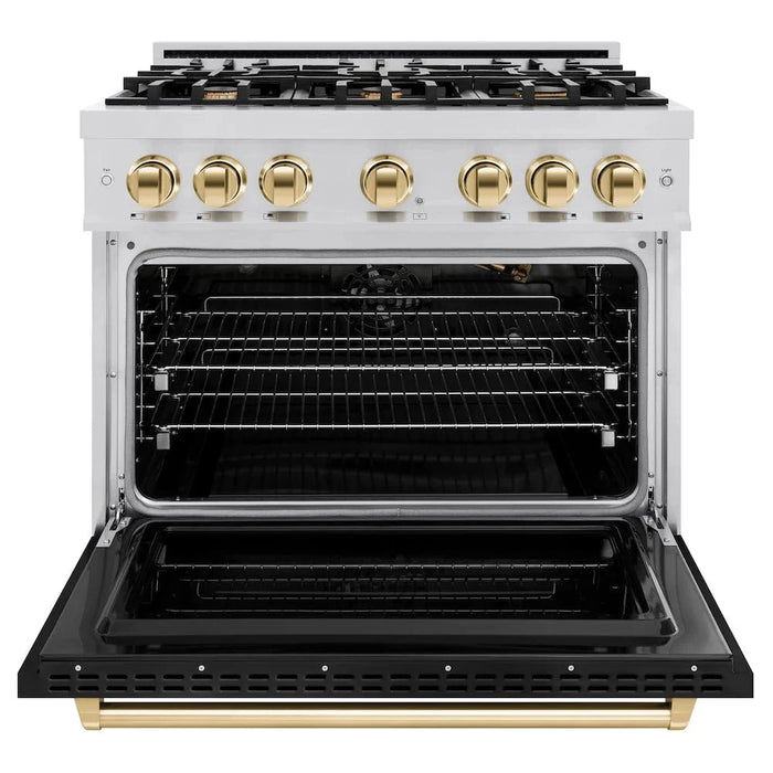 ZLINE 36" Classic Gas Range, Convection Gas Oven Stainless Steel, Black Matte Door Polished Gold CGRZ-BLM-36-G