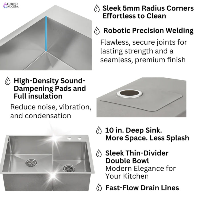 FORNO ACQUA 33" Drop-In/Undermount Stainless Steel Sink Faucet & Waterfall H-XN30