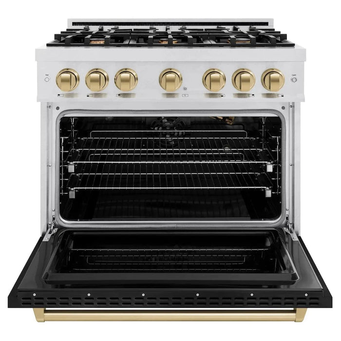 ZLINE 36"Classic Gas Range, Convection Gas Oven, DuraSnow® Stainless Steel, Black Matte Door Champagne Bronze CGRSZ-BLM-36-CB