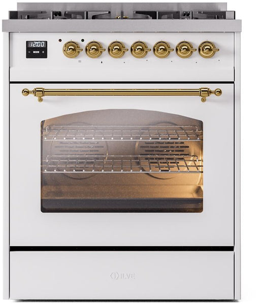 ILVE Nostalgie II 30" Dual Fuel Liquid Propane Range, White, Brass Trim UP30NMPWHGLP ILVE