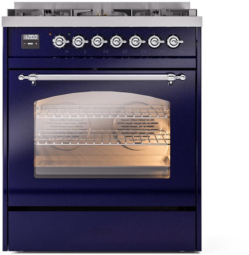 ILVE Nostalgie II 30" Dual Fuel Liquid Propane Range, Blue, Chrome Trim UP30NMPMBCLP ILVE