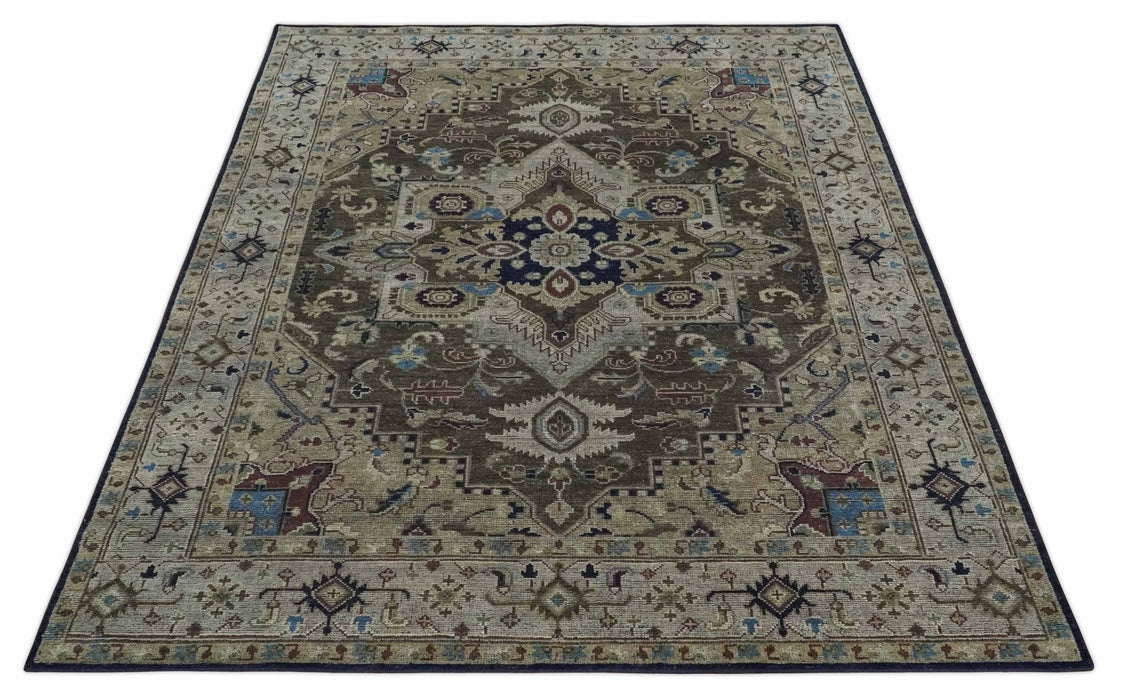 8x10 Antique look Brown, Beige and Blue Traditional Medallion wool Area Rug