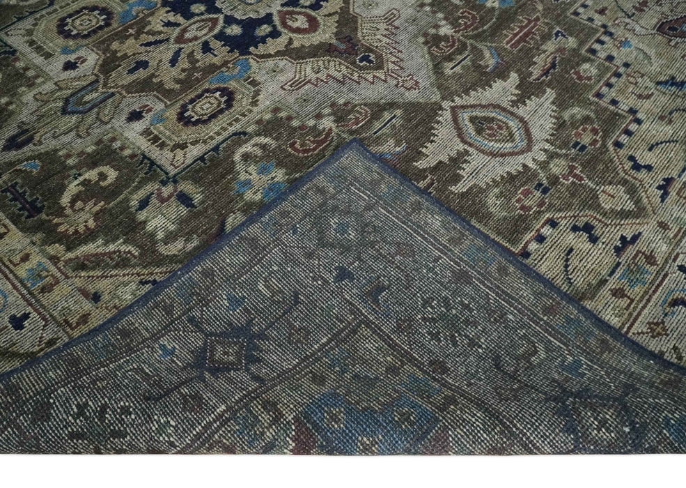 8x10 Antique look Brown, Beige and Blue Traditional Medallion wool Area Rug