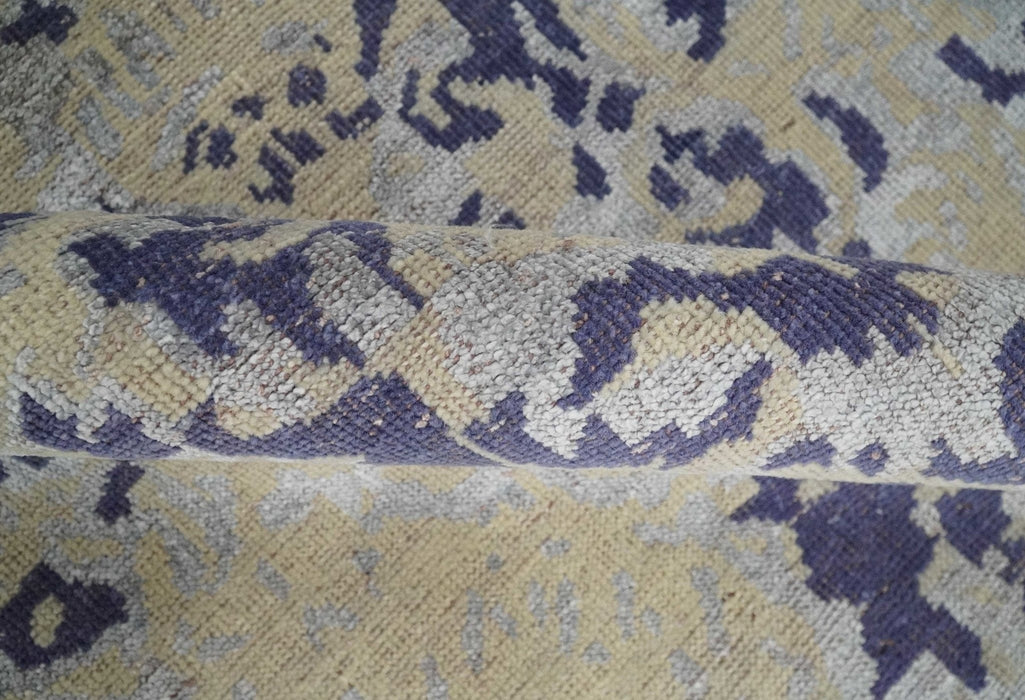 8x10 Beige, Blue and Silver Antique Style, Abstract Hand Knotted Low pile Wool Area Rug