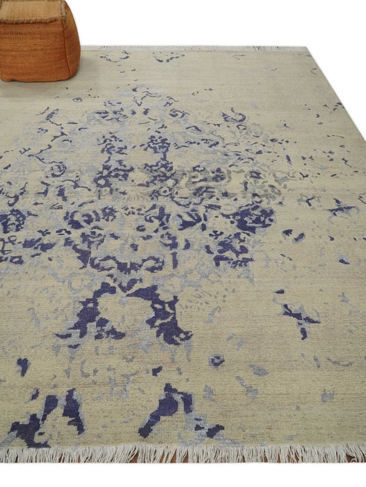 8x10 Beige, Blue and Silver Antique Style, Abstract Hand Knotted Low pile Wool Area Rug