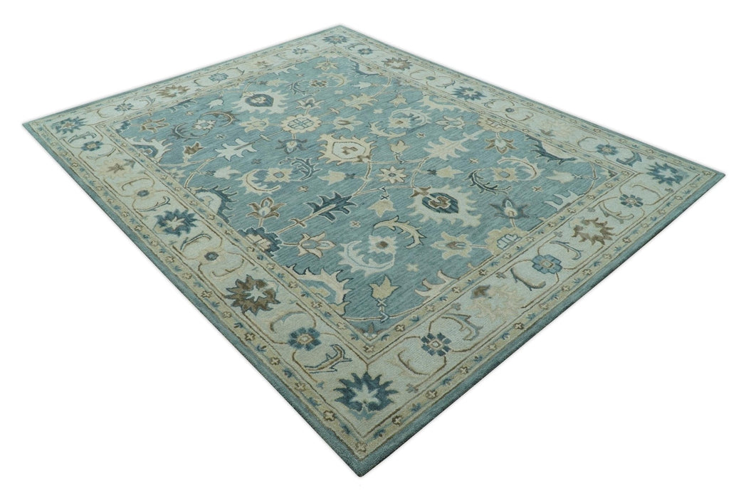 8x10 Blue, Ivory and Beige Hand Tufted Oriental Oushak wool area rug