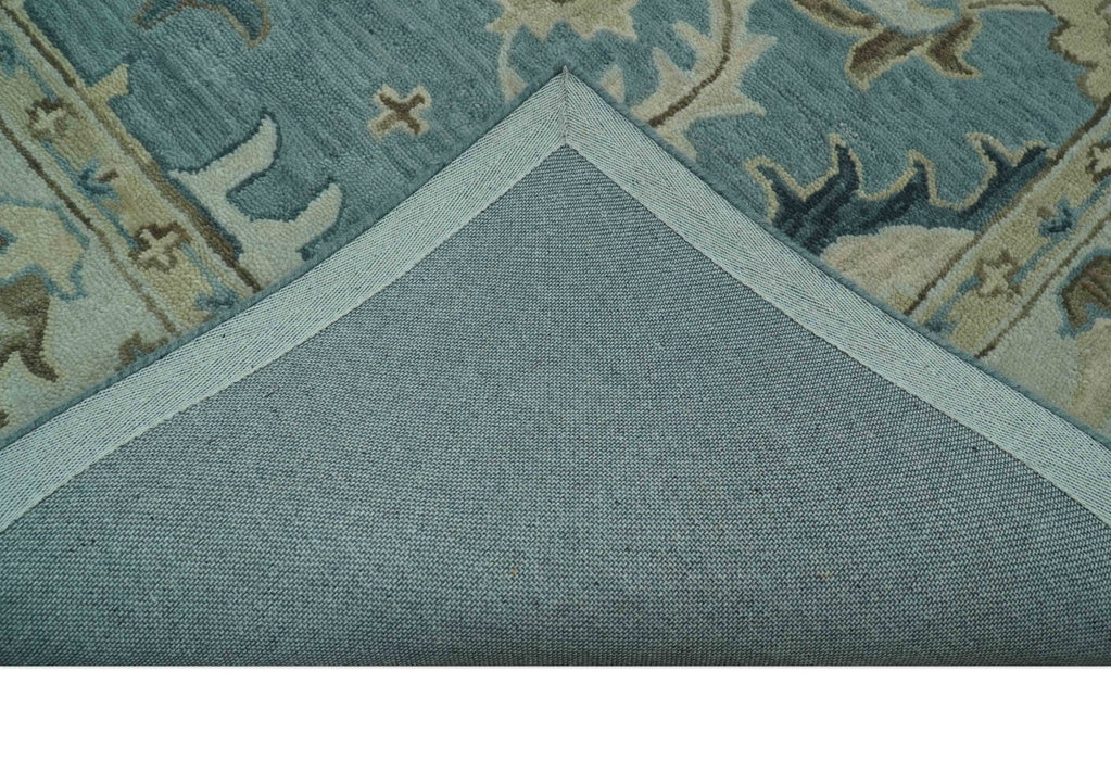 8x10 Blue, Ivory and Beige Hand Tufted Oriental Oushak wool area rug