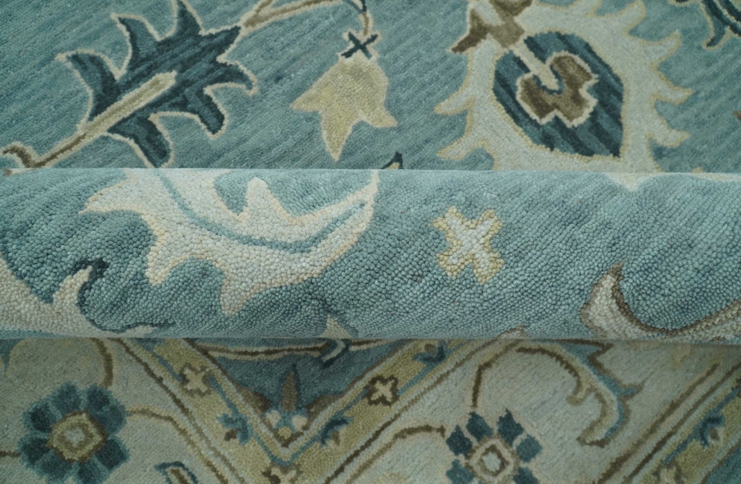 8x10 Blue, Ivory and Beige Hand Tufted Oriental Oushak wool area rug