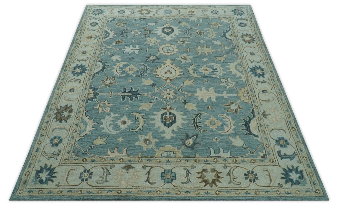 8x10 Blue, Ivory and Beige Hand Tufted Oriental Oushak wool area rug