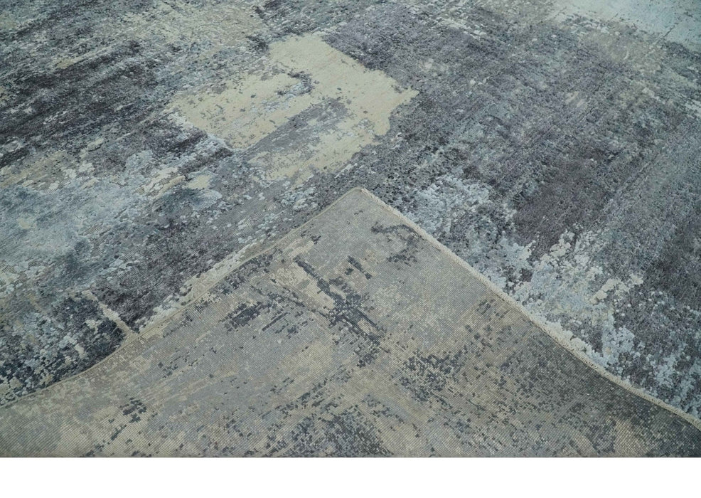 8x10 Charcoal, Beige and Gray Modern Abstract Distressed Finish High Low texture Hand Knotted Rug