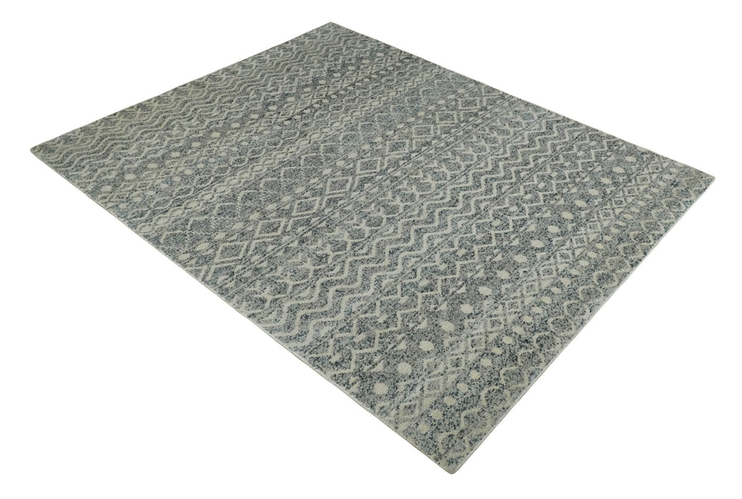 8x10 Hand Knotted Beige, Gray and Blue Modern Contemporary Southwestern Tribal Trellis Recycled Silk Area Rug | OP44