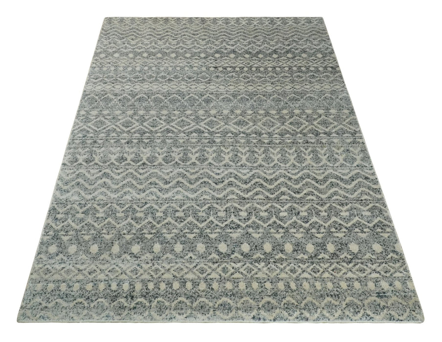 8x10 Hand Knotted Beige, Gray and Blue Modern Contemporary Southwestern Tribal Trellis Recycled Silk Area Rug | OP44