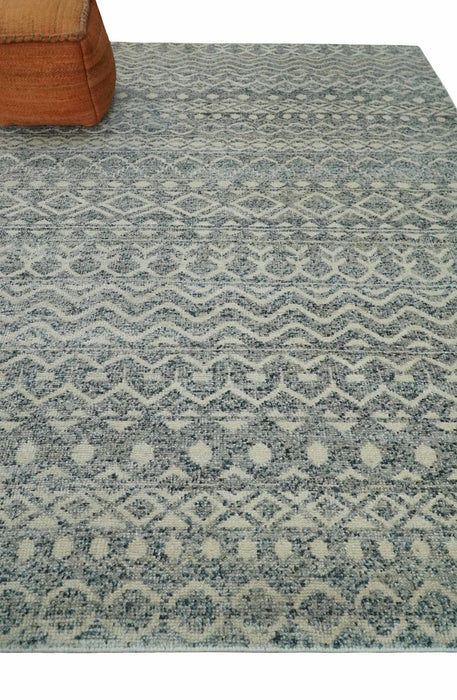 8x10 Hand Knotted Beige, Gray and Blue Modern Contemporary Southwestern Tribal Trellis Recycled Silk Area Rug | OP44