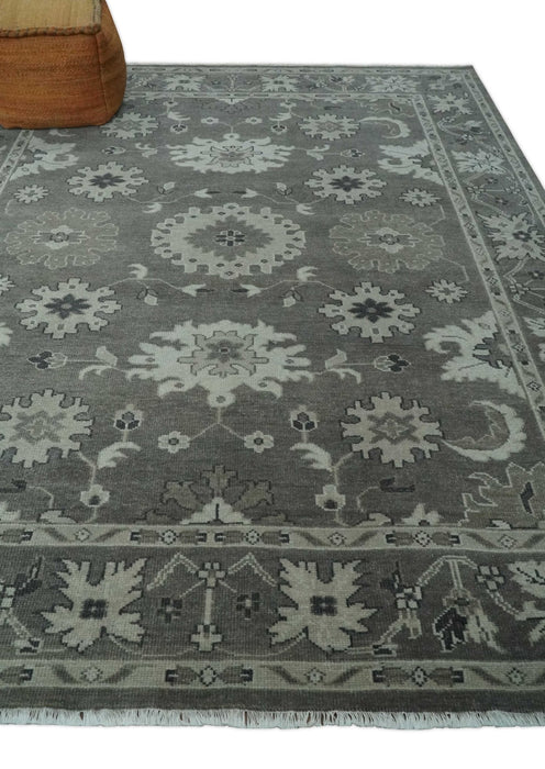8x10 Hand Knotted Charcoal and Silver Traditional Oushak Wool Rug