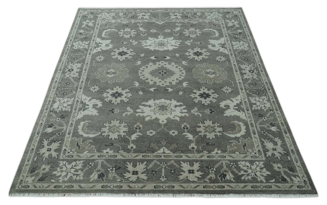 8x10 Hand Knotted Charcoal and Silver Traditional Oushak Wool Rug