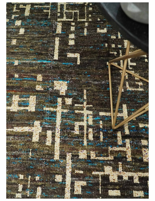 8x10 Hand Knotted Charcoal And Beige Modern Contemporary Recycled Silk Area Rug