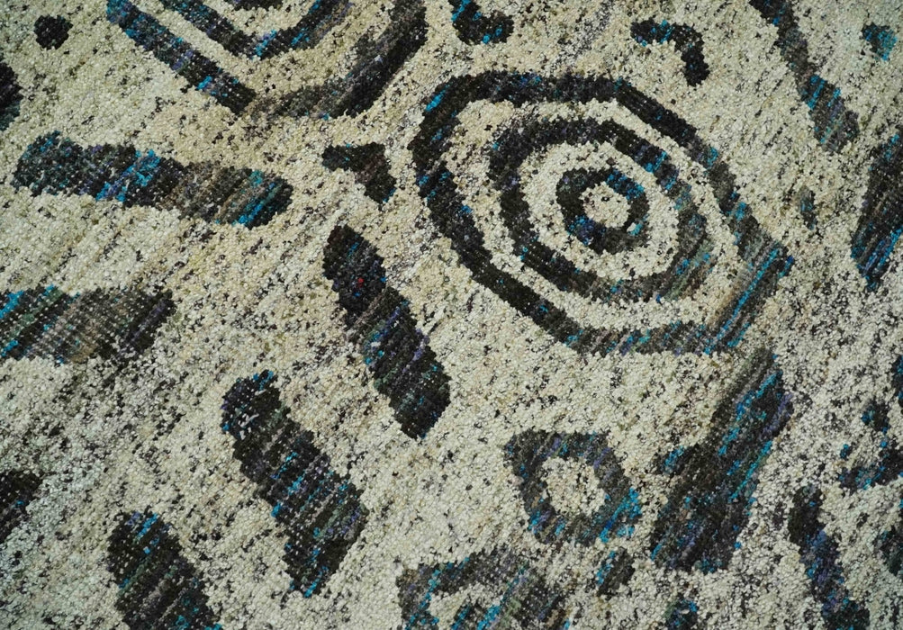 8x10 Hand Knotted Ivory and Charcoal Modern Contemporary Recycled Silk Area Rug
