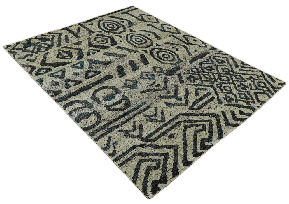 8x10 Hand Knotted Ivory and Charcoal Modern Contemporary Recycled Silk Area Rug