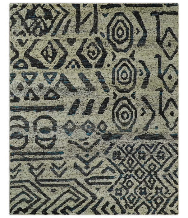 8x10 Hand Knotted Ivory and Charcoal Modern Contemporary Recycled Silk Area Rug