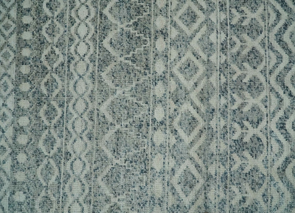8x10 Hand Knotted Ivory, Gray and Blue Modern Contemporary Southwestern Tribal Trellis Recycled Silk Area Rug