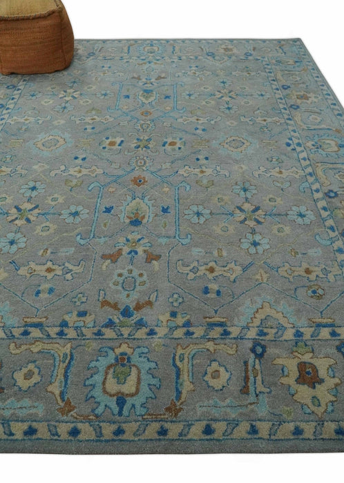 8x10 Hand Tufted Gray, Beige and Accent Blue Traditional Herati Design Wool Rug