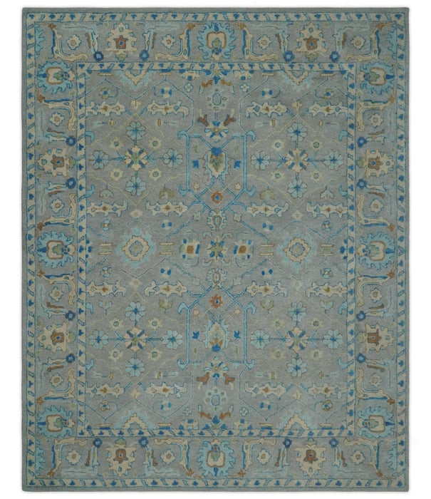 8x10 Hand Tufted Gray, Beige and Accent Blue Traditional Herati Design Wool Rug